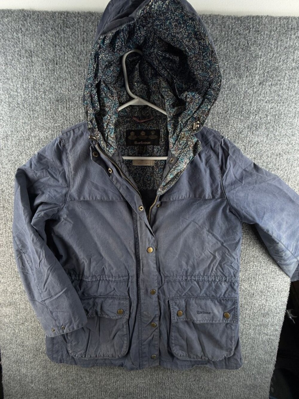 Barbour Blaise Blue Insulated Waxed Jacket Women Hooded Zip Liberty Size 10 US